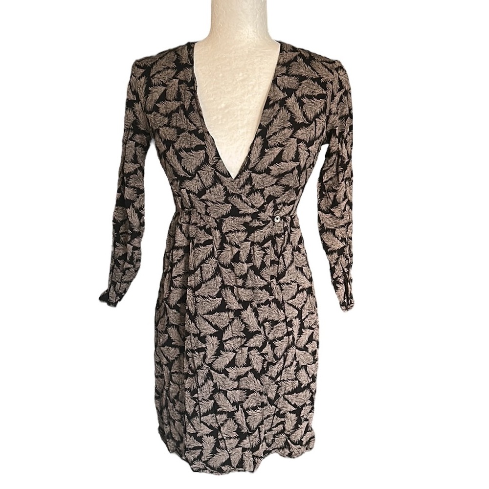 Attic and Barn Italy Brown & Beige Feather Wrap Front Mini Dress - XS